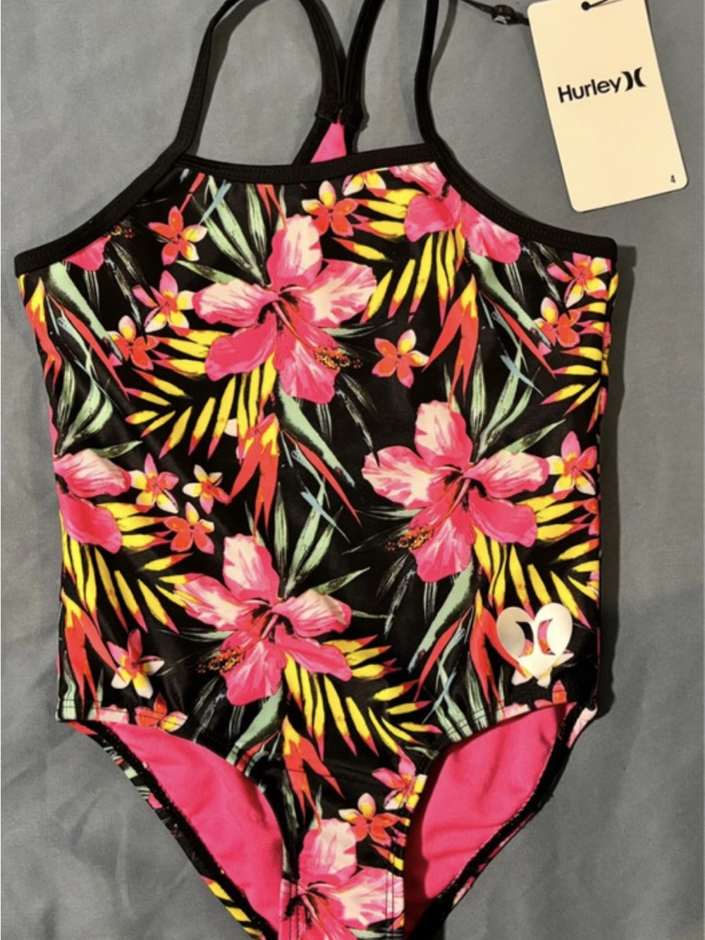 Hurley Black One-Piece Swimsuit with Pink Floral Print - Picture 1 of 3